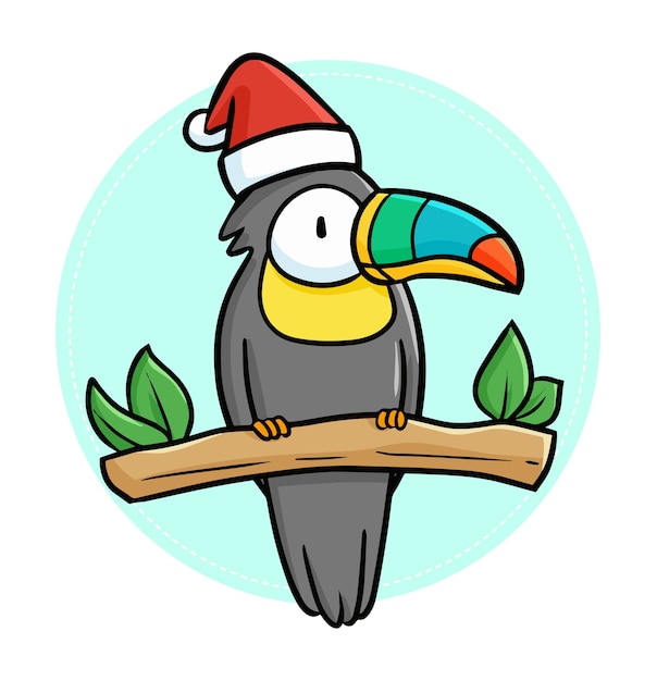 Leuke en grappige kawaiiblakc-vogel met kleurrijke bek die de hoed van de kerstman draagt voor kerstmis