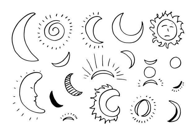 Leuke en grappige zon maan doodle pictogrammen vector set