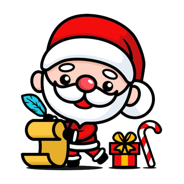 Leuke en Kawaii Kerstman Kerstman Cartoon personage met tas en cadeaulijst