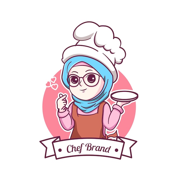 Leuke en kawaii moslim vrouwelijke chef-kok die hijab manga chibi illustration draagt