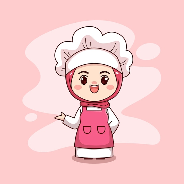 Leuke en kawaii moslim vrouwelijke chef-kok met hijab cartoon manga chibi vector character design
