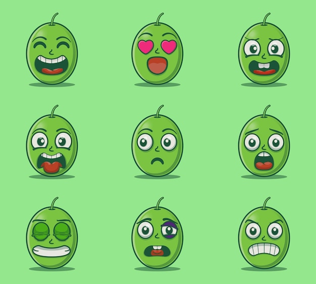 Leuke en kawaii olijven fruit emoticon expressie illustratie set