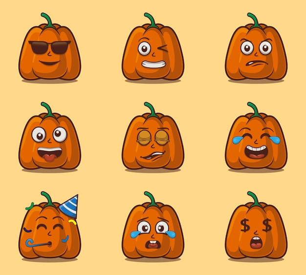 Vector leuke en kawaii pompoen groenten emoticon karakter uitdrukking illustratie set