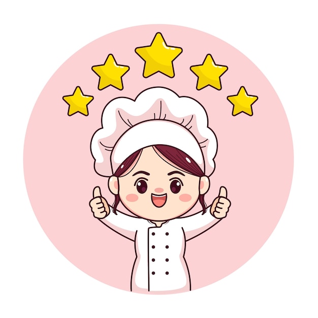 Leuke en kawaii vrouwelijke chef-kok of bakker met duimen omhoog vijf sterren manga chibi vector stripfiguur