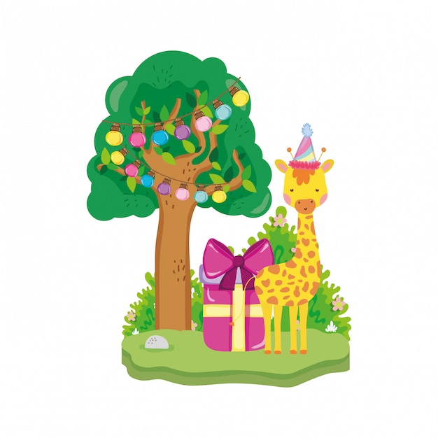 Leuke en kleine giraffe met feestmuts karakter