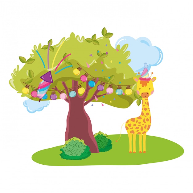 Leuke en kleine giraffe met feestmuts karakter