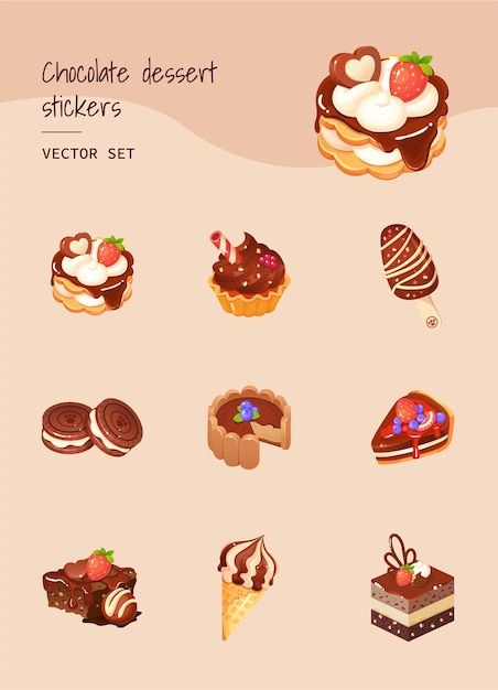 Vector leuke en voortreffelijke handbeschilderde stickers met chocoladedessertelementen