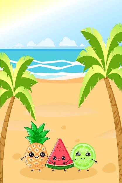 Leuke en vrolijke fruit in de strand cartoon afbeelding