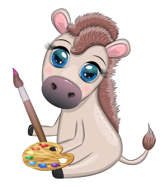 Leuke ezel met verfpalet en penseelkunstenaar karakter kind illustratie