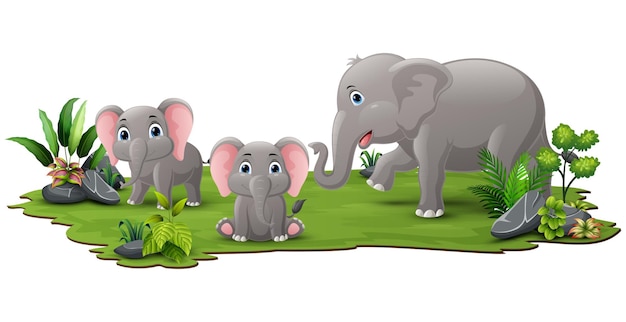Leuke familie olifant cartoon in het gras