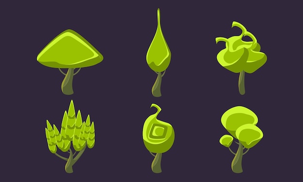 Leuke Fantasy Green Trees Set Fantastic Landscape Elements Game Ui Scenics Vector Illustratie