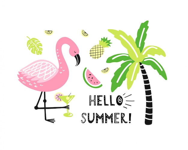 Leuke flamingo, palm, watermeloen, ananas.