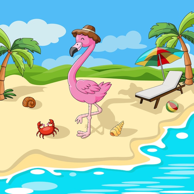 Leuke flamingocartoon op het strand