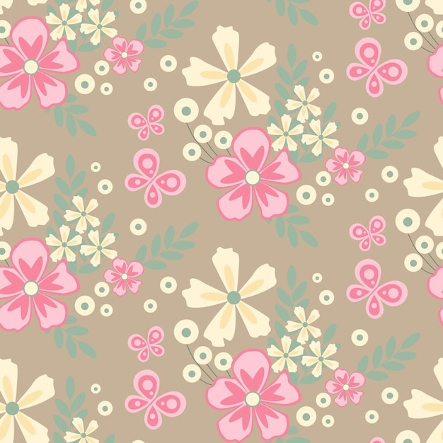 Vector leuke foto's van gele en roze bloemen. kinderprint in zachte pastelkleuren. naadloos patroon