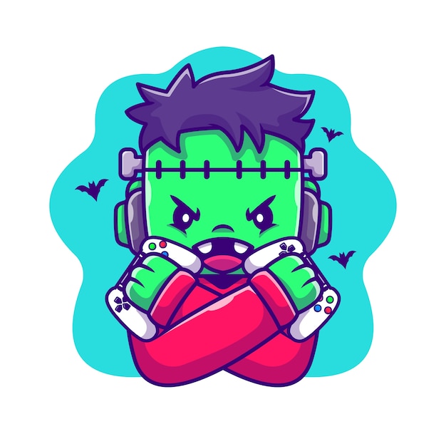 Leuke frankenstein zombie gaming cartoon afbeelding. halloween gaming pictogram concept