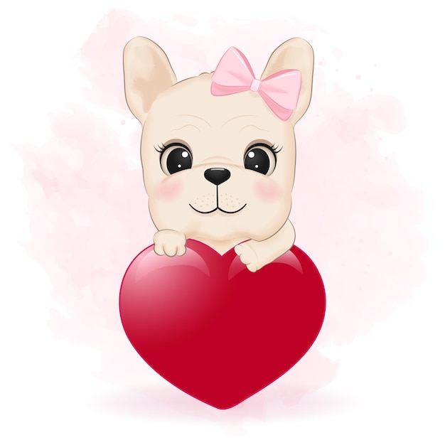 Leuke Franse Bulldog en hart Valentijnsdag concept illustratie