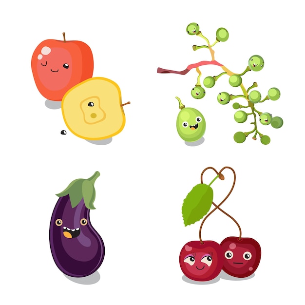 Leuke fruitkarakters kawaii voor kinderen Platte vectorillustratie