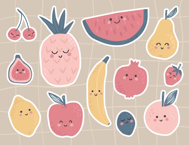 Leuke fruitstickers met gezichten en grappige karakters. Peer, citroen, perzik, kers, aardbei, pruim, appel, ananas, vijg, watermeloen, granaatappel. Tropisch eten.