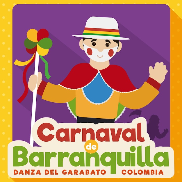 Leuke Garabato-danser die naar je groet in Barranquillas Carnival-ontwerp in vlakke stijl en lange schaduw