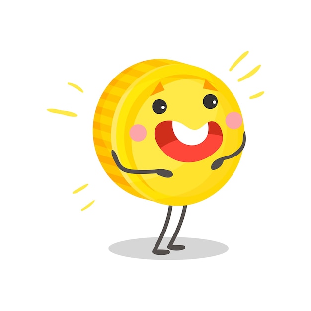 Leuke gelukkig gouden lachende munt gehumaniseerd karakter, geld en Financiën concept cartoon vector illustratie op een witte background