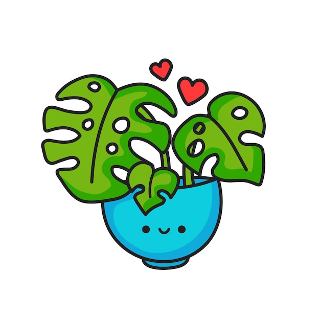 Leuke gelukkig grappige monstera plant in pot Vector cartoon doodle lijn karakter illustratie pictogram ontwerp geïsoleerd op een witte achtergrond Schattige cartoon monstera in pot logo