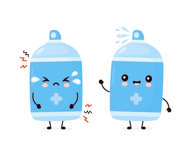 Leuke gelukkig lachend en verdrietig antiseptische spray fles. cartoon karakter illustratie pictogram ontwerp. geïsoleerd op een witte achtergrond