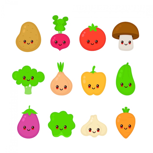 Leuke gelukkig lachend rauwe groente collectie set. vector vlakke stijl cartoon karakter illustratie. geïsoleerd op een witte achtergrond. kool, tomaat, ui, aubergine, knoflook, broccoli, kool, peper, radijs