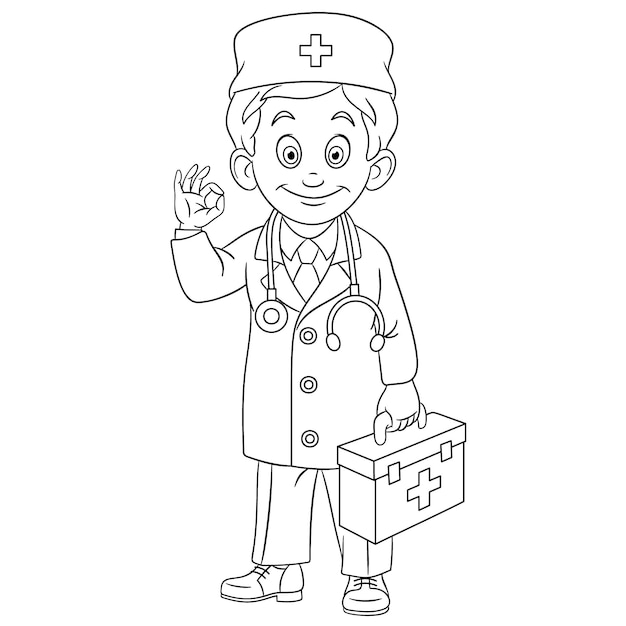 Leuke gelukkige arts met EHBO-koffer. Mensen beroepen. Cartoon kleurboek pagina voor kinderen.