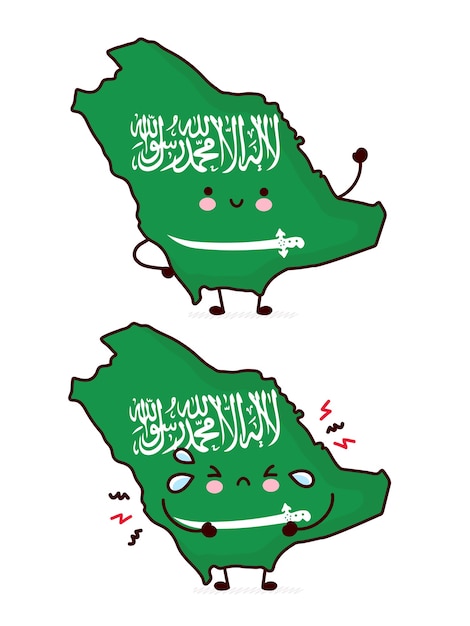 Leuke, gelukkige en droevige grappige kaart en vlag van saoedi-arabië. lijn cartoon kawaii karakter illustratie pictogram. op witte achtergrond. saoedi-arabië concept