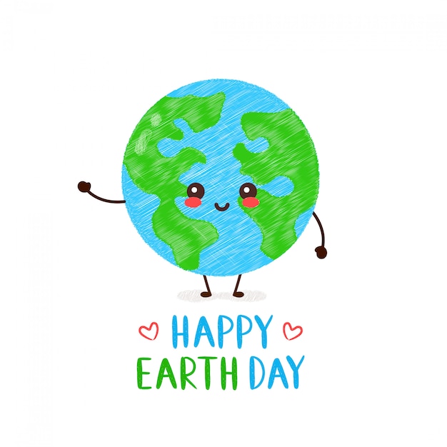 Leuke gelukkige glimlachende kawaii aardeplaneet. happy earth-dagkaart. hand tekenen stijl illustratie kaart desgin. geïsoleerd op wit. lente, aardedag, bos, groen gaan, ecologie