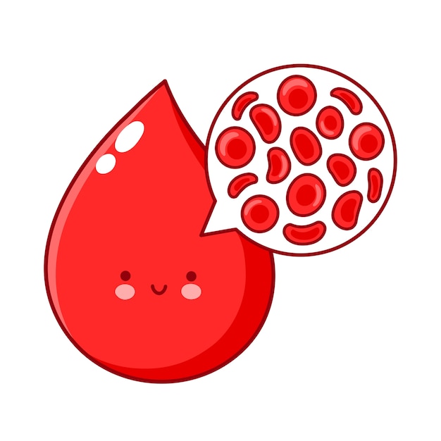 Leuke gelukkige grappige bloeddruppel en cellen. platte lijn cartoon kawaii karakter illustratie pictogram. geïsoleerd op witte achtergrond