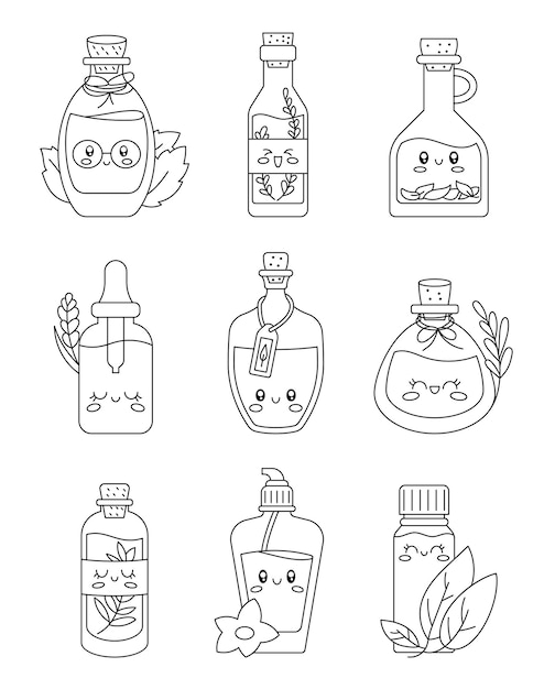 Leuke gelukkige grappige kruidenolie fles kleurpagina Kawaii cartoon organische cosmetische personages