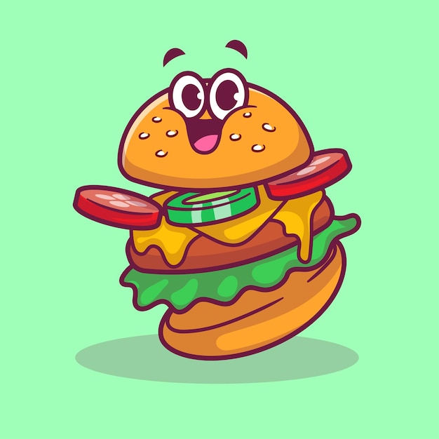 Leuke Gelukkige Hamburger Cartoon Vector Pictogram Illustratie Voedsel Object Pictogram Concept Geïsoleerd Premium Vector