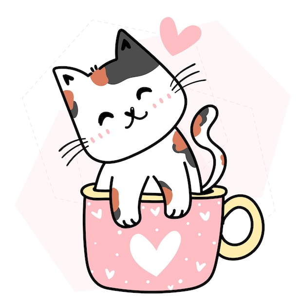 Leuke gelukkige kat in roze hart cup valentijn cartoon doodle overzicht