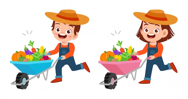 Vector leuke gelukkige kinderen oogsten groenten en fruit