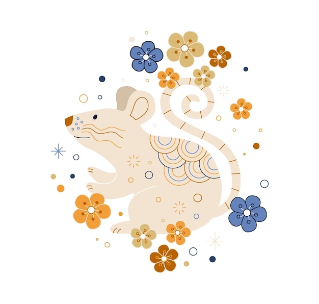 Leuke gelukkige rat met rond ornament en bloemen. lieve lieve muis. mooi lachend knaagdier. platte vectorillustratie geïsoleerd op een witte achtergrond.