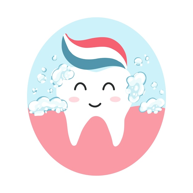 Leuke gelukkige tand met tandpasta in cartoon vlakke stijl Vectorillustratie van schone gezonde tanden karakter tandheelkundige zorg concept mondhygiëne