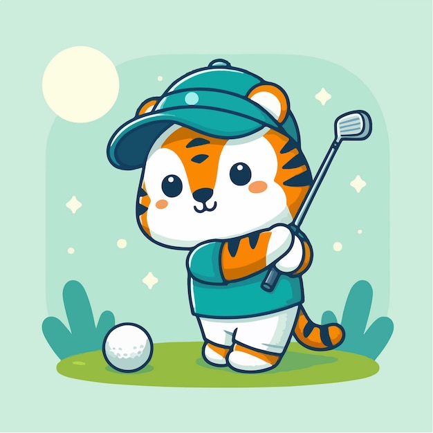 Leuke gelukkige tijger die golf speelt en een pet draagt. Cartoon personage.