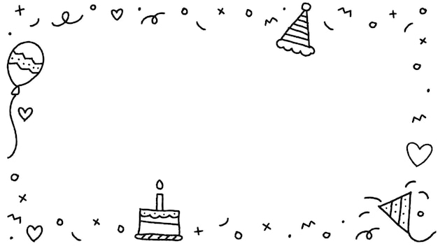 Leuke Gelukkige Verjaardagsfeestje Confetti Zwart Wit Doodle Achtergrond Grens Frame Uitnodigingskaart Opmerking: