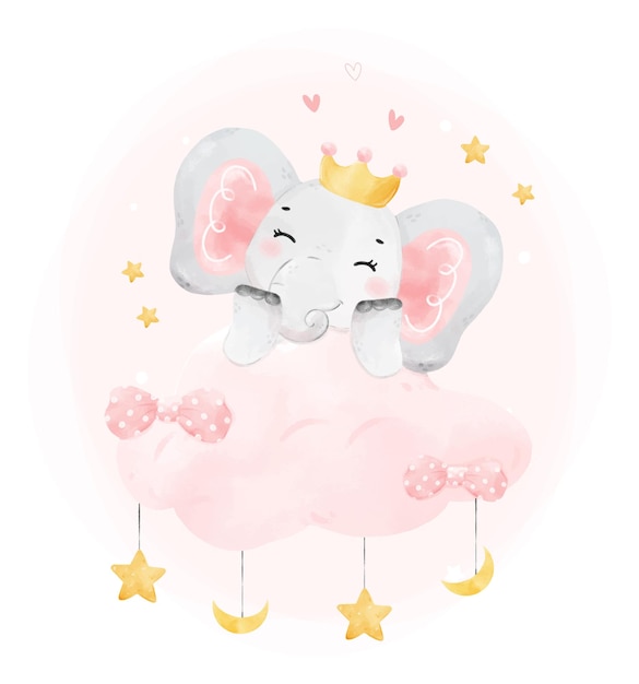 Vector leuke gelukkige vrolijke glimlach baby roze olifant meisje op nacht roze wolk schattig kinderdagverblijf verjaardag dieren in het wild dier aquarel cartoon illustratie