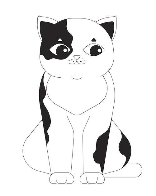 Leuke gevlekte kat die zijwaarts kijkt zwart-wit 2D lijn cartoon personage Nieuwsgierige katte huisdier zit geïsoleerd vector contour dier Zijkant oog kitten huishoudelijke monochromatische platte plek illustratie