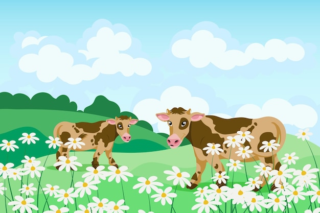 Leuke gevlekte koeien in een veld met madeliefjes zomerlandschap Poster banner illustratie vector