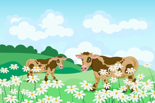 Leuke gevlekte koeien in een veld met madeliefjes zomerlandschap poster banner illustratie vector