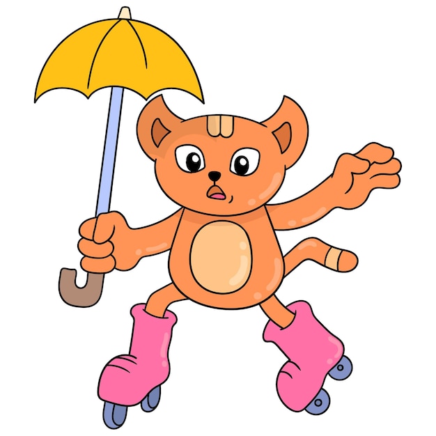 Leuke gezichtskat die paraplu draagt die rolschaatsen speelt, vectorillustratieart. doodle pictogram afbeelding kawaii.