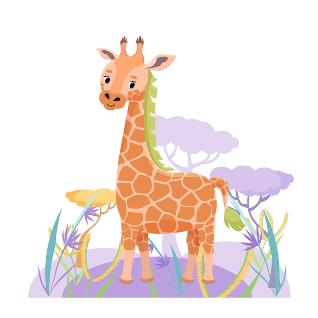 Leuke giraf in savanne met bloem en gras op witte achtergrond. vector illustratie