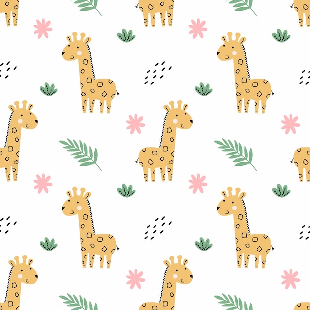 Leuke giraffe Groene tropische tak Naadloos patroon voor het naaien van kinderkleding Afrikaanse achtergrond in kinderkamer Jungles Afdrukken op stof en verpakking