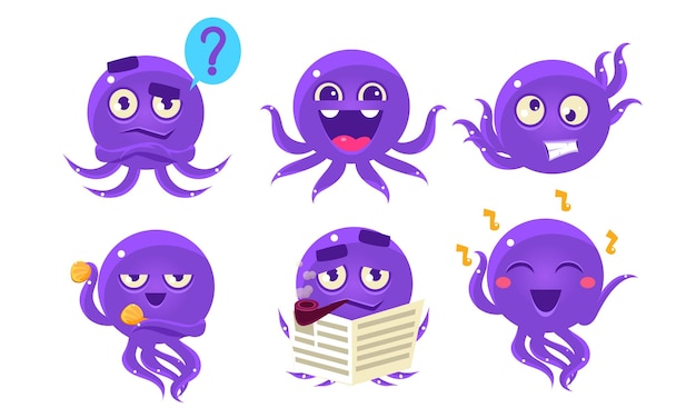 Leuke glanzende octopus personageset Grappige zeedier met verschillende emoties Vector illustratie