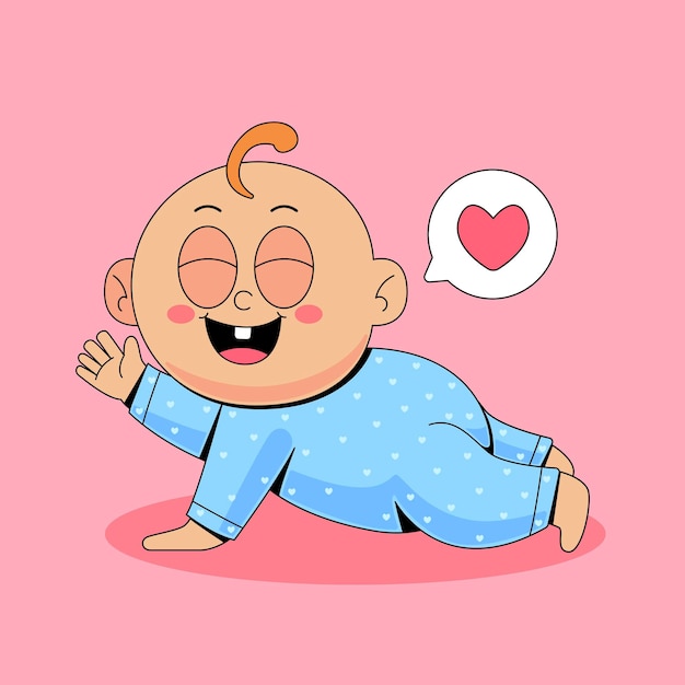 Leuke glimlachende baby kruipt met een hart roze achtergrond