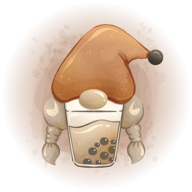 Leuke Gnome Bubble Tea Aquarel Clipart Vector Illustratie 01