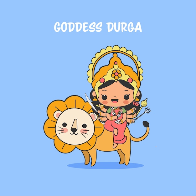 Vector leuke godin durga met lion cartoon voor navratri-festival